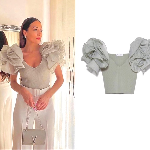 NWT Zara Blogger Fav Green Gray Organza Crop Top - Picture 8 of 16
